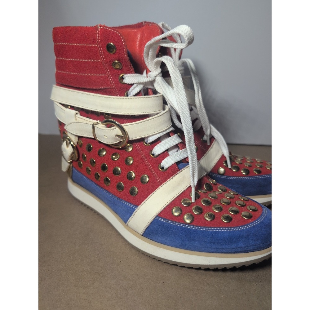 Modern Vice High Top Sneaker Red White Blue Gold Studded White Straps Buckle W 9